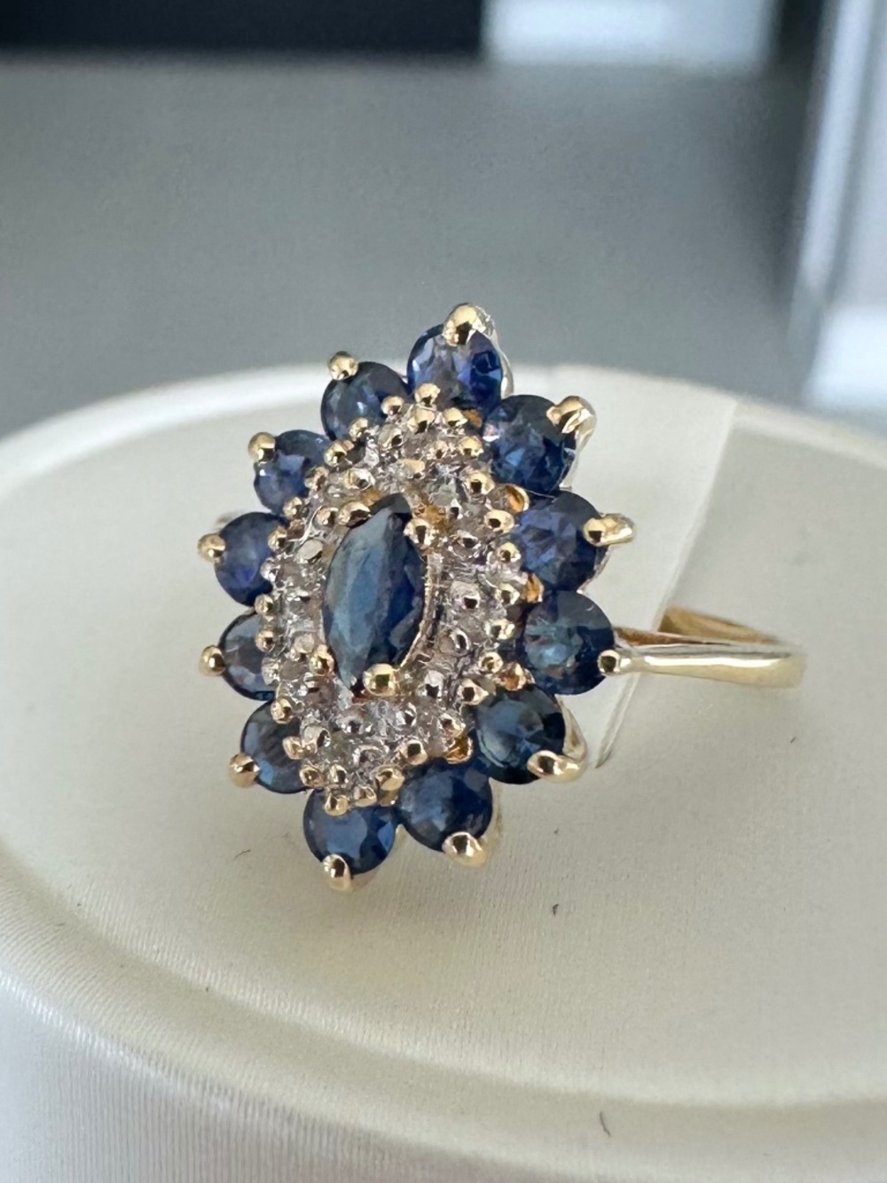 ✨ VINTAGE 14k Gold Sapphire & Diamond Double Halo Cluster Ring 💎 Size 5 - Picture 3 of 12